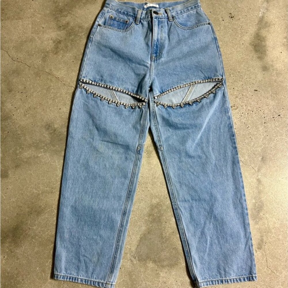 AREA Denim Straight Leg Jeans Slit Crystals Ankle